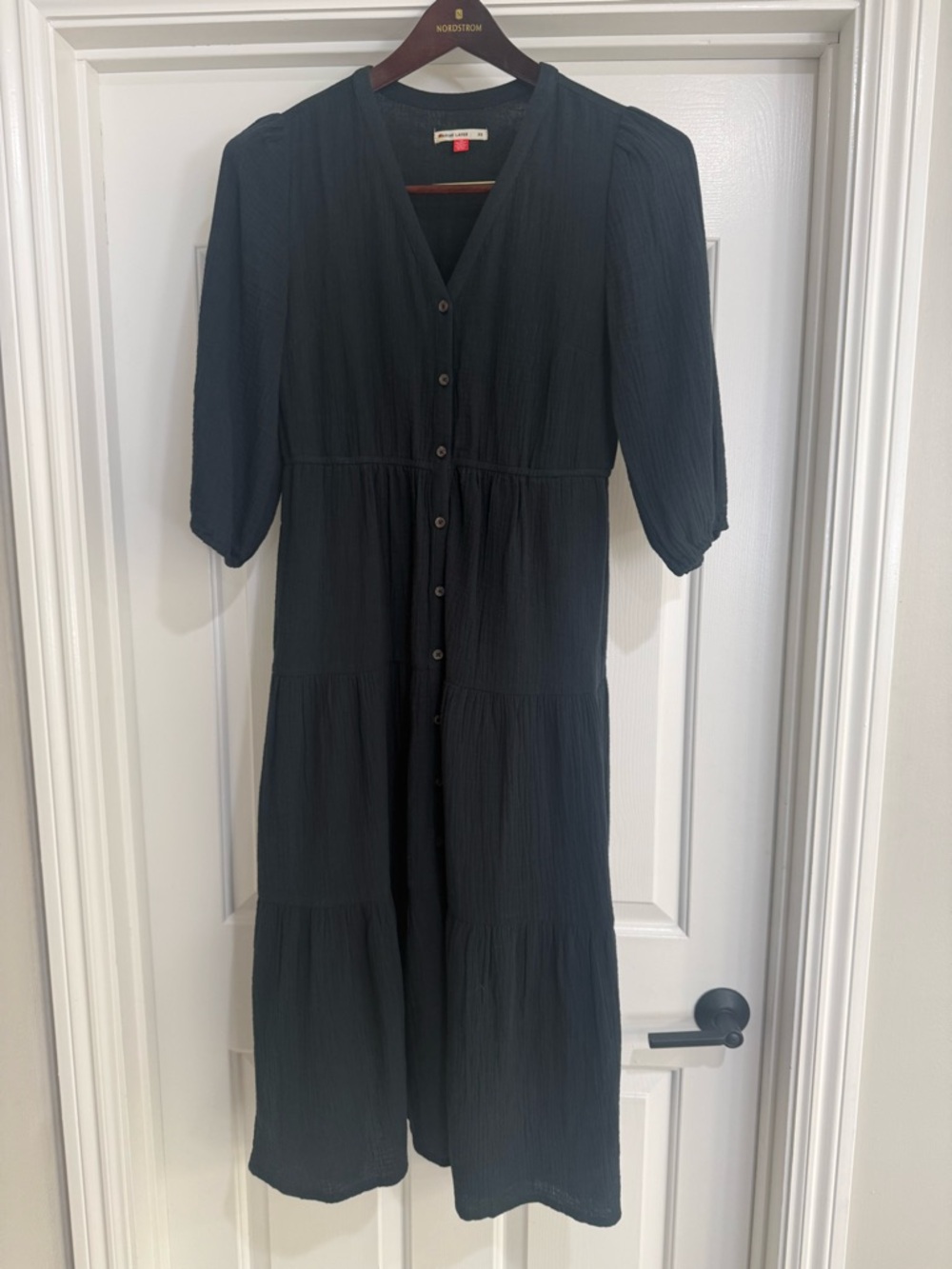 Marine Layer Black Button-Down Tiered Midi Dress 100%cotton. 3/4 sleeve